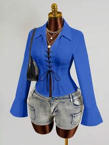 Zolique Women's New Sexy V-Neck Long Sleeved Shirt With Front And Middle Straps And Ruffle Sleeves Design, Long Sleeved Top - Blue - View 7