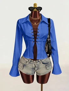 Zolique Women's New Sexy V-Neck Long Sleeved Shirt With Front And Middle Straps And Ruffle Sleeves Design, Long Sleeved Top - Blue - View 1