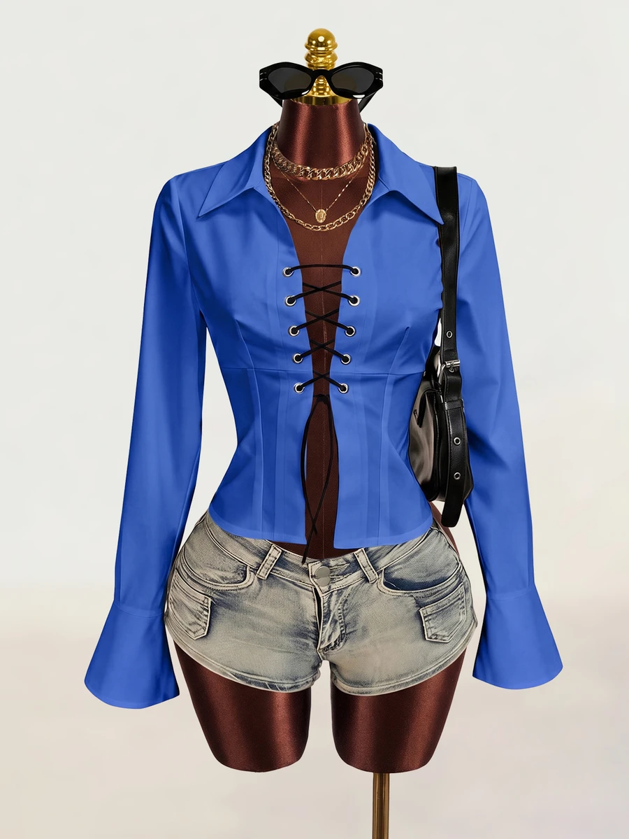 Zolique Women's New Sexy V-Neck Long Sleeved Shirt With Front And Middle Straps And Ruffle Sleeves Design, Long Sleeved Top - Blue - View 1