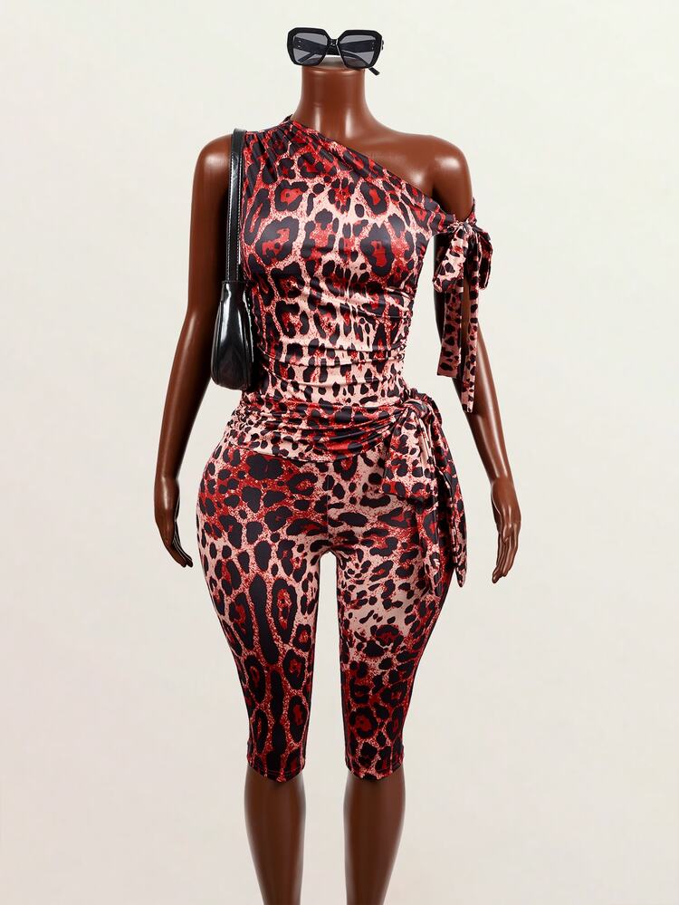 Zolique Women's Beige Leopard Print Sleeveless Tie-Knot Fitted 3/4 Length Jumpsuit, Summer Vacation Beach Party Night Out Club Holiday Outfits, Sexy - Red - View 6