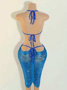 Zolique Backless Tassel Metal Decor Hollow Out Dress For Women, Navy Blue And Gold Summer Techno Party Rave Outfits, Beach Vacation Holiday - Blue - View 2