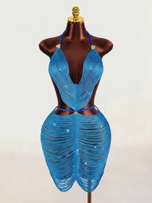 Zolique Backless Tassel Metal Decor Hollow Out Dress For Women, Navy Blue And Gold Summer Techno Party Rave Outfits, Beach Vacation Holiday - Blue - View 1