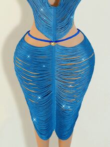 Zolique Backless Tassel Metal Decor Hollow Out Dress For Women, Navy Blue And Gold Summer Techno Party Rave Outfits, Beach Vacation Holiday - Blue - View 4