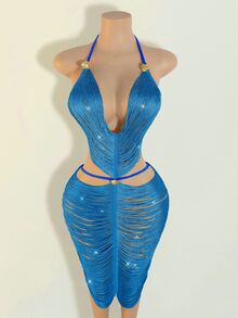 Zolique Backless Tassel Metal Decor Hollow Out Dress For Women, Navy Blue And Gold Summer Techno Party Rave Outfits, Beach Vacation Holiday - Blue - View 3