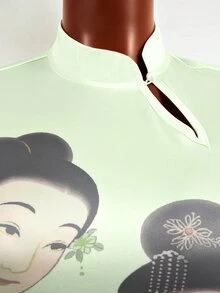 Zolique 新款中国风复古图案弹力腰紧身迷你连衣裙 - 綠色 - 查看 6