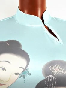 Zolique 新款中国风复古图案弹力腰紧身迷你连衣裙 - 淺藍色 - 查看 6