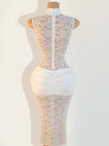 Zolique Women Sexy Hollow-Out Side Slit Cheongsam Collar Lace Dress - White - View 2