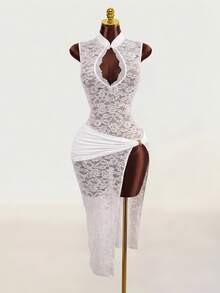 Zolique Women Sexy Hollow-Out Side Slit Cheongsam Collar Lace Dress - White - View 1