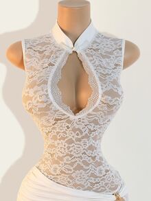 Zolique Women Sexy Hollow-Out Side Slit Cheongsam Collar Lace Dress - White - View 5