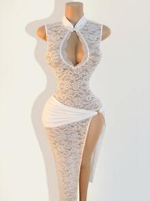 Zolique Women Sexy Hollow-Out Side Slit Cheongsam Collar Lace Dress - White - View 3