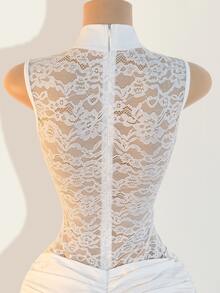 Zolique Women Sexy Hollow-Out Side Slit Cheongsam Collar Lace Dress - White - View 6
