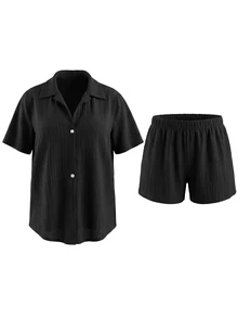 SHEIN Swim 大码女式 2 件套黑色短裤和短袖衬衫，休闲度假海滩罩衫 - 黑色 - 查看 4