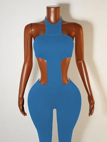 Zolique Women's Plain Baby Blue Sleeveless Halter Unitard Knitted Fabric Cut Out Detail Long Length - Baby Blue - View 6