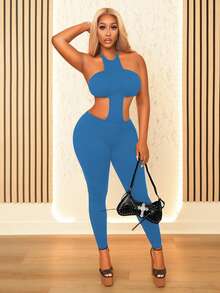 Zolique Women's Plain Baby Blue Sleeveless Halter Unitard Knitted Fabric Cut Out Detail Long Length - Baby Blue - View 8