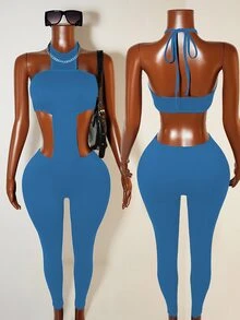 Zolique Women's Plain Baby Blue Sleeveless Halter Unitard Knitted Fabric Cut Out Detail Long Length - Baby Blue - View 3