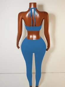 Zolique Women's Plain Baby Blue Sleeveless Halter Unitard Knitted Fabric Cut Out Detail Long Length - Baby Blue - View 2