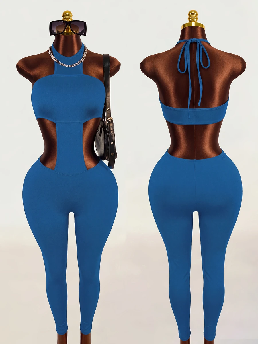 Zolique Women's Plain Baby Blue Sleeveless Halter Unitard Knitted Fabric Cut Out Detail Long Length - Baby Blue - View 1