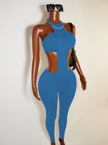 Zolique Women's Plain Baby Blue Sleeveless Halter Unitard Knitted Fabric Cut Out Detail Long Length - Baby Blue - View 5