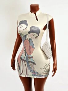 Zolique 新传统复古图案弹力腰身修身迷你连衣裙 - 杏色 - 查看 4