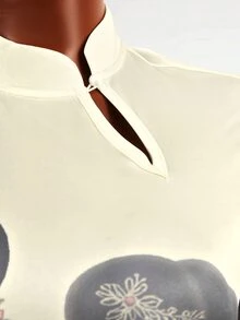 Zolique 新传统复古图案弹力腰身修身迷你连衣裙 - 杏色 - 查看 7