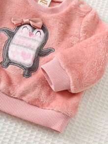 Cozy Pixies Newborn Baby Autumn Pajamas Round Neck Penguin Embroidery Island Print Cute Pink Fleece Flannel Loungewear Comfortable - Pink - View 5