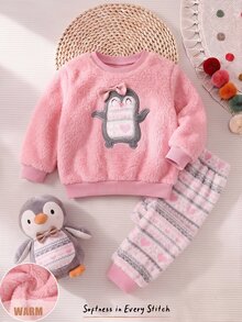 Cozy Pixies Newborn Baby Autumn Pajamas Round Neck Penguin Embroidery Island Print Cute Pink Fleece Flannel Loungewear Comfortable - Pink - View 3