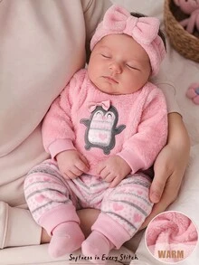 Cozy Pixies Newborn Baby Autumn Pajamas Round Neck Penguin Embroidery Island Print Cute Pink Fleece Flannel Loungewear Comfortable - Pink - View 1