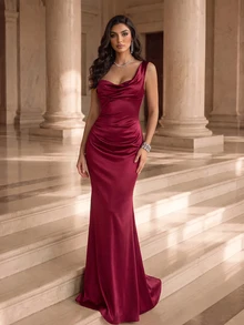 Coutiva Elegant Satin Open Shoulder Fitted High Slit Mermaid Long Dress, Suitable For Wedding Guests, Banquets, Parties, Formal Occasions - Burgundy - View 2