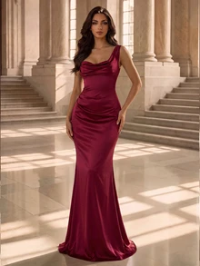 Coutiva Elegant Satin Open Shoulder Fitted High Slit Mermaid Long Dress, Suitable For Wedding Guests, Banquets, Parties, Formal Occasions - Burgundy - View 1