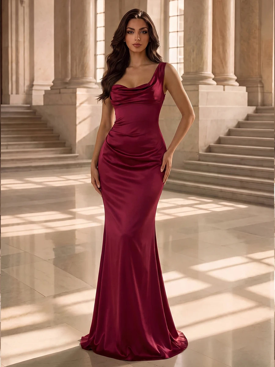 Coutiva Elegant Satin Open Shoulder Fitted High Slit Mermaid Long Dress, Suitable For Wedding Guests, Banquets, Parties, Formal Occasions - Burgundy - View 1