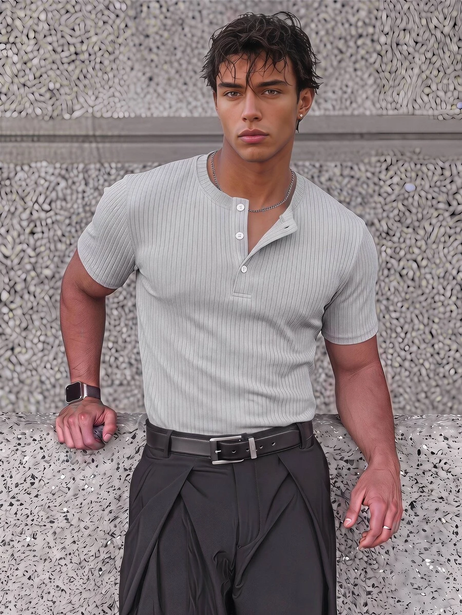 ESTAVOR Men's Summer Casual Fitted Slim Fit Crew Neck Short Sleeve Regular Size Grey Solid - Grey - View 1