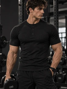 GymBeat Men's Solid Color Button Half-Placket Short Sleeve Sports T-Shirt, Gym - Black - View 1
