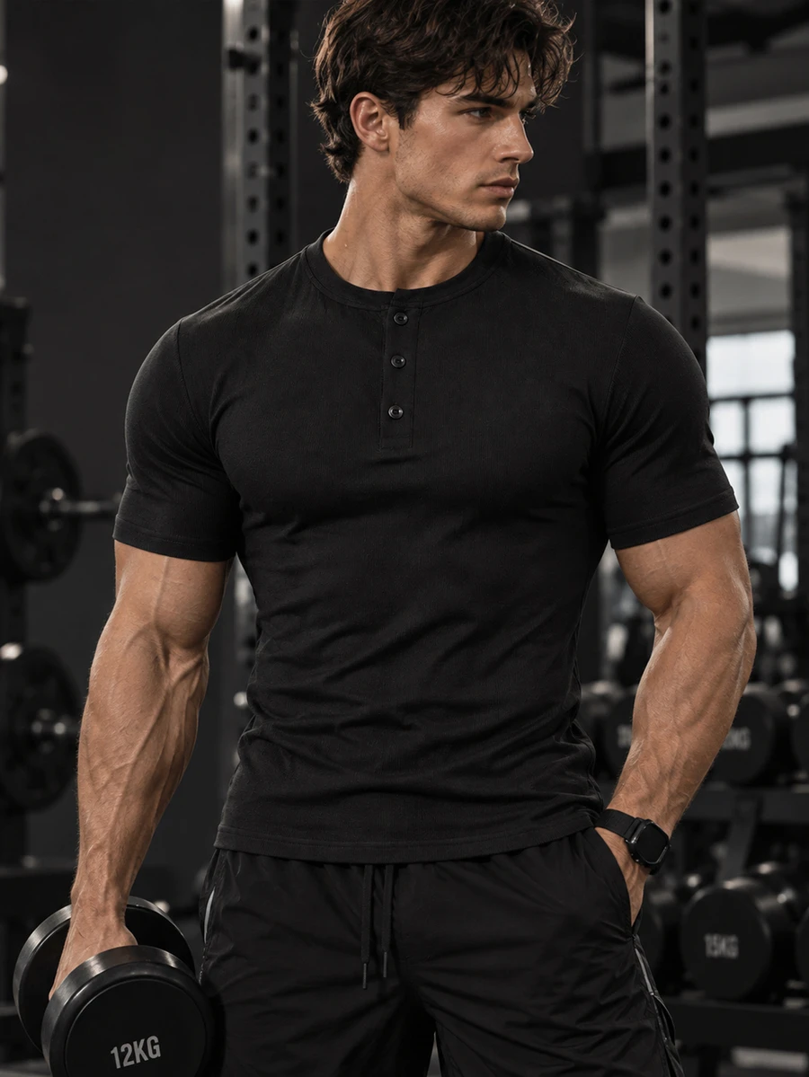 GymBeat Men's Solid Color Button Half-Placket Short Sleeve Sports T-Shirt, Gym - Black - View 1