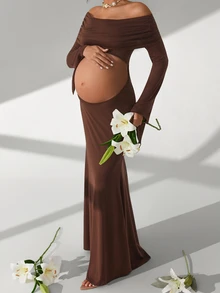 Cheriluna Maternity Pregnant Women Off Shoulder Ruched Crop Top Long Sleeve Bodycon Maternity Photoshoot - Brown - View 4