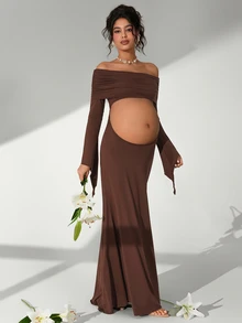 Cheriluna Maternity Pregnant Women Off Shoulder Ruched Crop Top Long Sleeve Bodycon Maternity Photoshoot - Brown - View 2