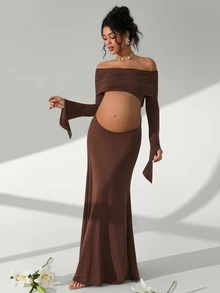 Cheriluna Maternity Pregnant Women Off Shoulder Ruched Crop Top Long Sleeve Bodycon Maternity Photoshoot - Brown - View 7