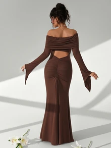 Cheriluna Maternity Pregnant Women Off Shoulder Ruched Crop Top Long Sleeve Bodycon Maternity Photoshoot - Brown - View 3