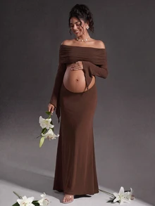 Cheriluna Maternity Pregnant Women Off Shoulder Ruched Crop Top Long Sleeve Bodycon Maternity Photoshoot - Brown - View 1