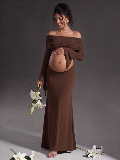 Cheriluna Maternity 孕妇露肩褶皱短款上衣长袖紧身孕妇写真