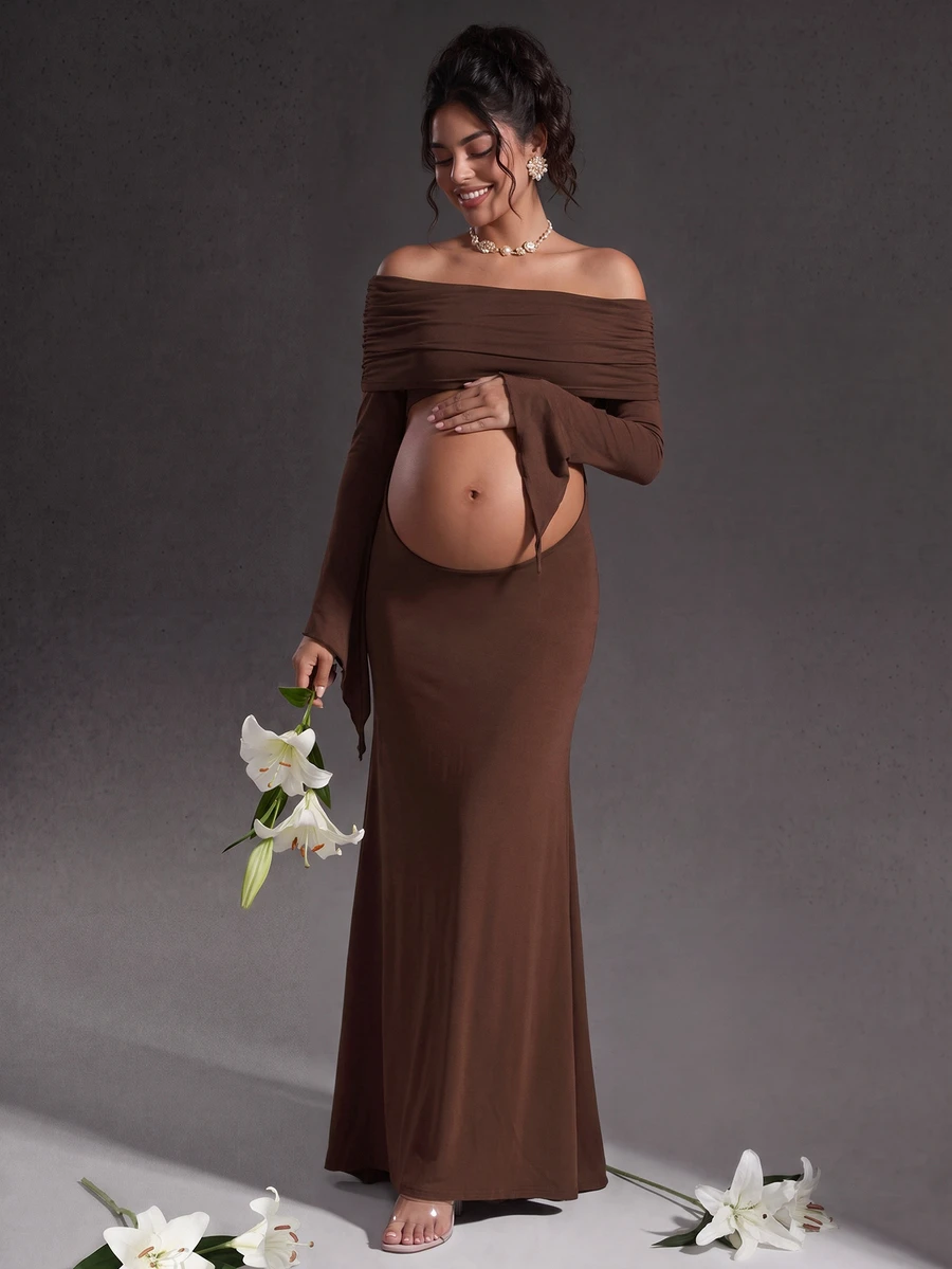 Cheriluna Maternity Pregnant Women Off Shoulder Ruched Crop Top Long Sleeve Bodycon Maternity Photoshoot - Brown - View 1