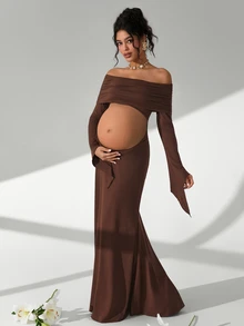 Cheriluna Maternity Pregnant Women Off Shoulder Ruched Crop Top Long Sleeve Bodycon Maternity Photoshoot - Brown - View 5