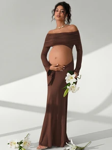Cheriluna Maternity Pregnant Women Off Shoulder Ruched Crop Top Long Sleeve Bodycon Maternity Photoshoot - Brown - View 6