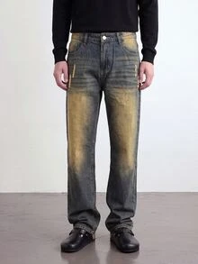 Manfinity Roghcode Men's American Brand Vintage Washed Distressed Denim Jeans Loose Wide Leg Versatile Long Pants - Medium Wash - View 2
