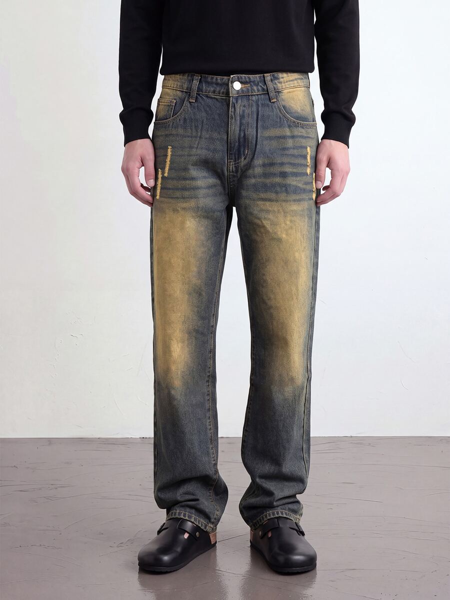 Manfinity Roghcode Men's American Brand Vintage Washed Distressed Denim Jeans Loose Wide Leg Versatile Long Pants