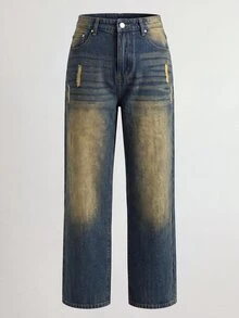 Manfinity Roghcode Men's American Brand Vintage Washed Distressed Denim Jeans Loose Wide Leg Versatile Long Pants - Medium Wash - View 4