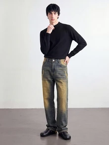 Manfinity Roghcode Men's American Brand Vintage Washed Distressed Denim Jeans Loose Wide Leg Versatile Long Pants - Medium Wash - View 5