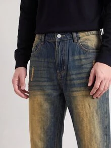 Manfinity Roghcode Men's American Brand Vintage Washed Distressed Denim Jeans Loose Wide Leg Versatile Long Pants - Medium Wash - View 8