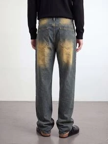 Manfinity Roghcode Men's American Brand Vintage Washed Distressed Denim Jeans Loose Wide Leg Versatile Long Pants - Medium Wash - View 7