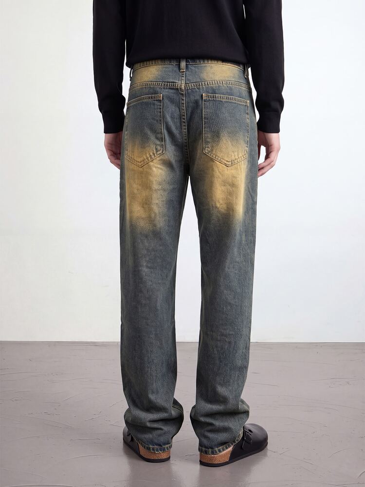 Manfinity Roghcode Men's American Brand Vintage Washed Distressed Denim Jeans Loose Wide Leg Versatile Long Pants - Medium Wash - View 6