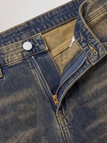 Manfinity Roghcode Men's American Brand Vintage Washed Distressed Denim Jeans Loose Wide Leg Versatile Long Pants - Medium Wash - View 6